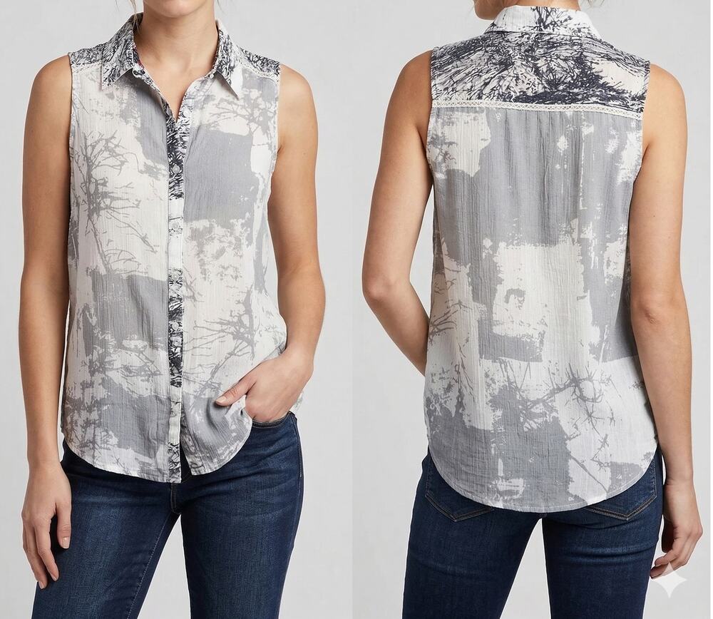 Hem & Thread Womens Small Button Front Sleeveless Top Polyester Cotton Gray